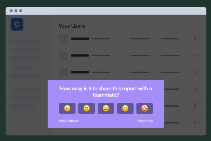 A Chameleon microsurvey overlaid on a product screen, asking users to rate how easy an action was on a five-point emoji scale from very difficult to very easy.