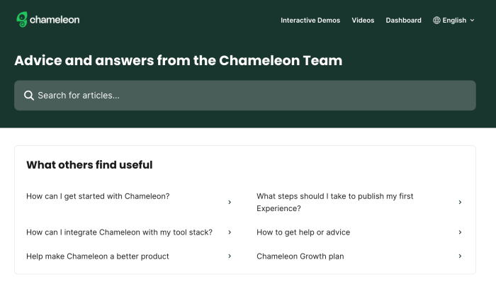 A screenshot of Chameleonâs help center with quick access to FAQs
