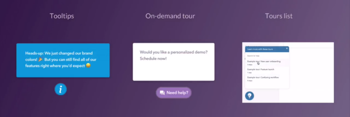 Three labeled Chameleon experience types: a Tooltip triggered by a glowing info icon, an on-demand tour modal, and a Launcher panel showing a searchable list of tours with a lightbulb trigger icon.