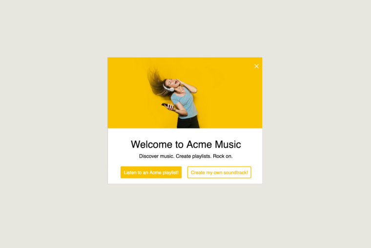 A Chameleon announcement modal welcoming users to a fictional music app, with two branching CTA buttons offering different paths through the experience.