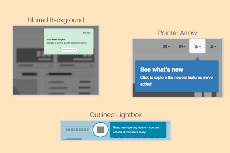 Three illustrated UI design patterns for highlighting in-app elements: Blurred Background, Pointer Arrow, and Outlined Lightbox.