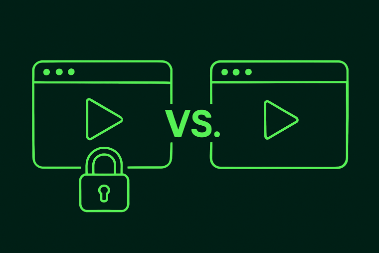 Two browser windows with play buttons and a 'vs.' between them; the left window has a padlock icon below it.