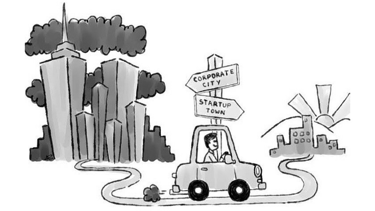 A cartoon of a person driving a car at a road fork with signs for 'Corporate City' and 'Startup Town,' a large corporate skyline on one side and a small sunny town with a rising sun on the other.