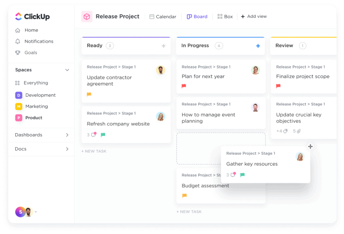 A screenshot of ClickUp’s board and drag-and-drop interface