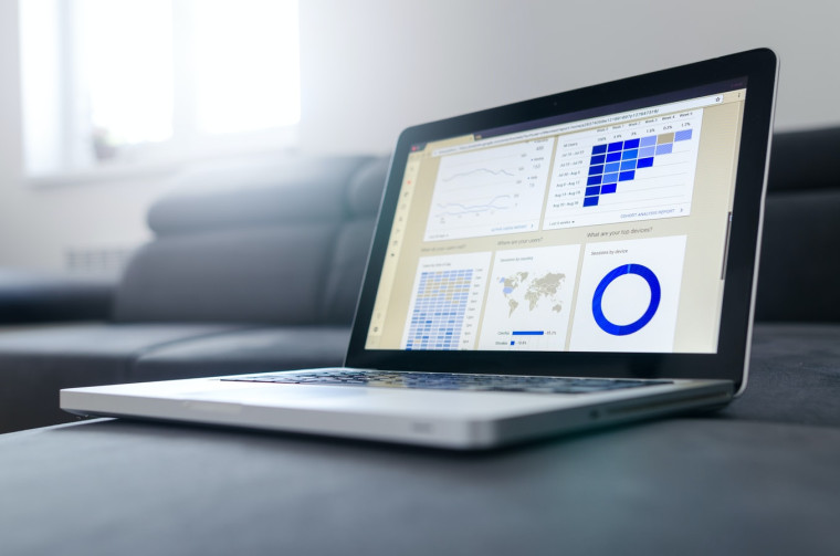 A laptop displaying a web analytics dashboard with a cohort retention heat map, a line chart, a geographic sessions map, and a device breakdown donut chart.