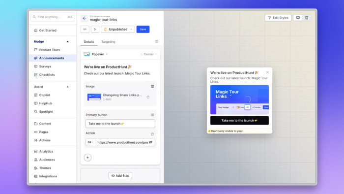 A screenshot of the no-code CommandBar dashboard to influence user behavior in-product