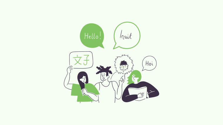 An illustration of four people with speech bubbles showing text in different languages and scripts, including 