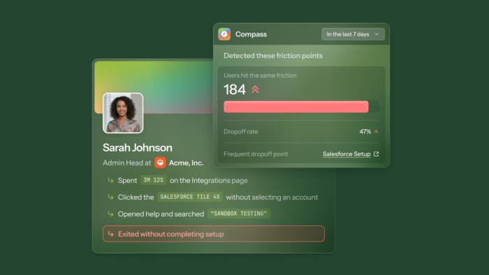 Chameleon Compass showing a user session summary with behavioral steps alongside aggregate friction data, including affected user count, dropoff rate, and the most frequent dropoff point.