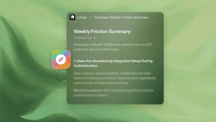 A Linear issue showing Chameleon Compass's weekly friction summary, with session volume analyzed and the top friction point surfaced as a named issue.