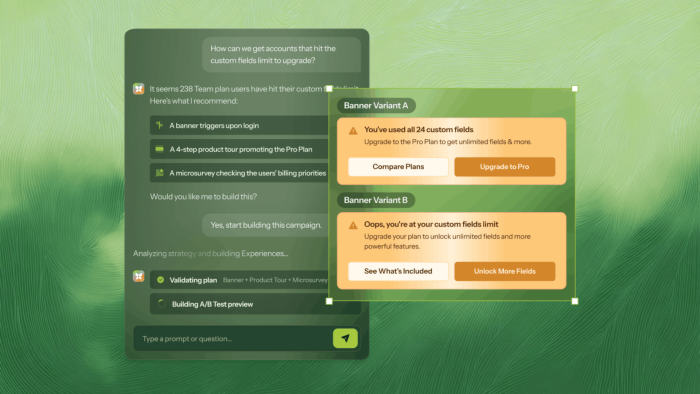 Chameleon's Copilot chat interface generating an upsell campaign for users at a plan limit, with two banner A/B test variants shown as output.