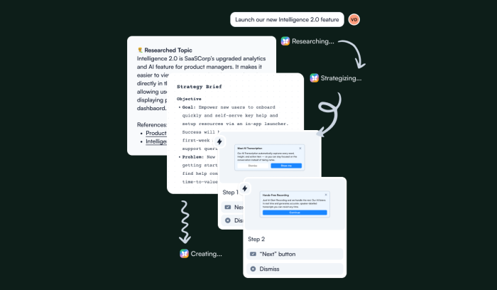 Chameleon Copilot's creation flow from a text prompt, moving through research and strategy stages to produce in-app tour steps.