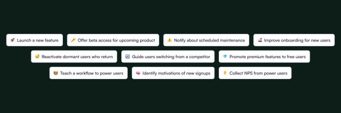 A collection of suggested use case prompts for Chameleon Copilot displayed as pill buttons on a dark background, covering goals like feature launches, onboarding, NPS collection, and user reactivation.