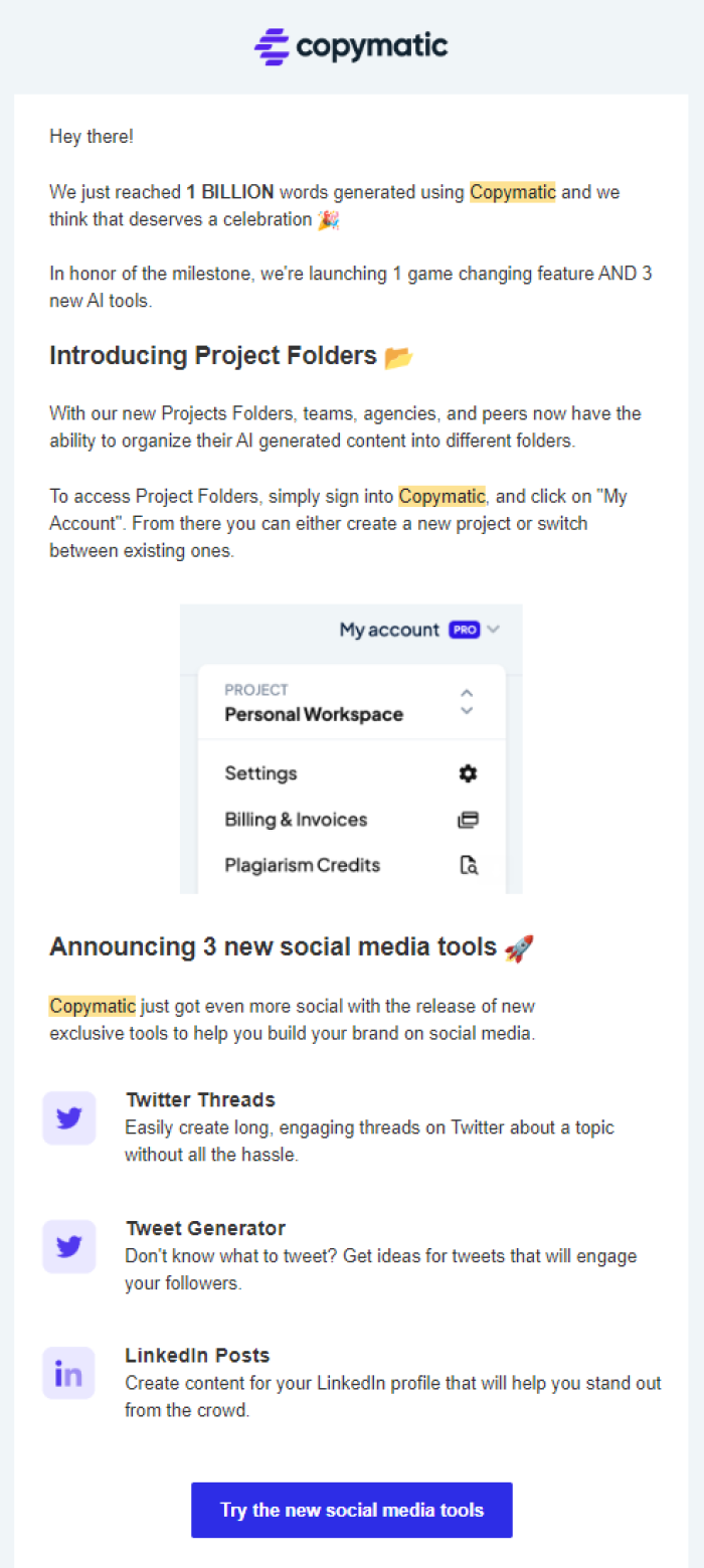A Copymatic product launch email announcing a usage milestone and new features, with an embedded account UI screenshot and a CTA button.