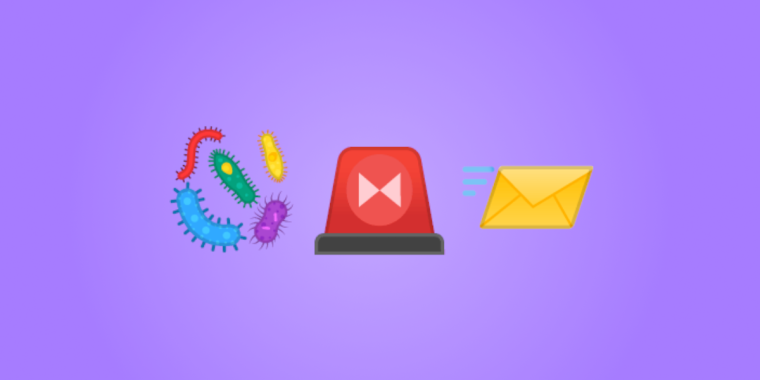 Microbe emojis, a red emergency siren, and a flying envelope