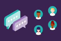 An illustration of two overlapping speech bubbles with typing indicators, alongside four circular user avatars.