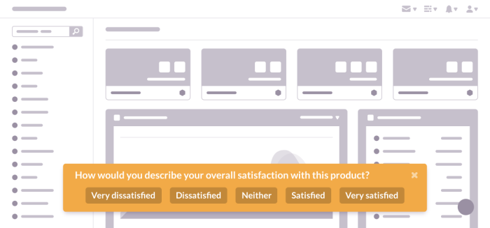 A Chameleon microsurvey asking users to rate overall product satisfaction on a five-point scale, overlaid on a wireframe product interface.