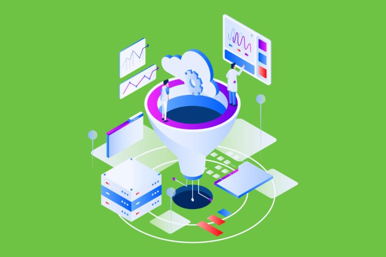 An illustration of a funnel surrounded by analytics charts, a database server stack, and two analysts reviewing dashboards.