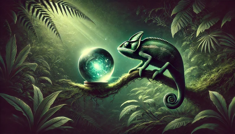 An AI-generated illustration of a chameleon perched on a mossy branch in a lush jungle, gazing at a glowing crystal ball with digital circuit patterns inside.