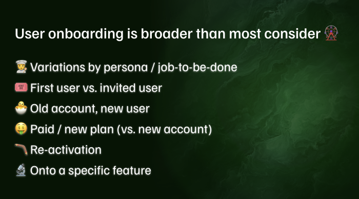 A slide listing six user onboarding scenarios: variations by persona / job-to-be-done, first user vs. invited user, old account with a new user, paid / new plan (vs. new account), re-activation, and onboarding onto a specific feature.