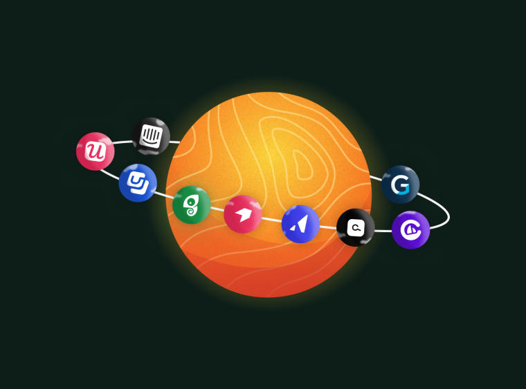 An illustrated solar system with digital adoption platform tool icons orbiting a central orange planet.