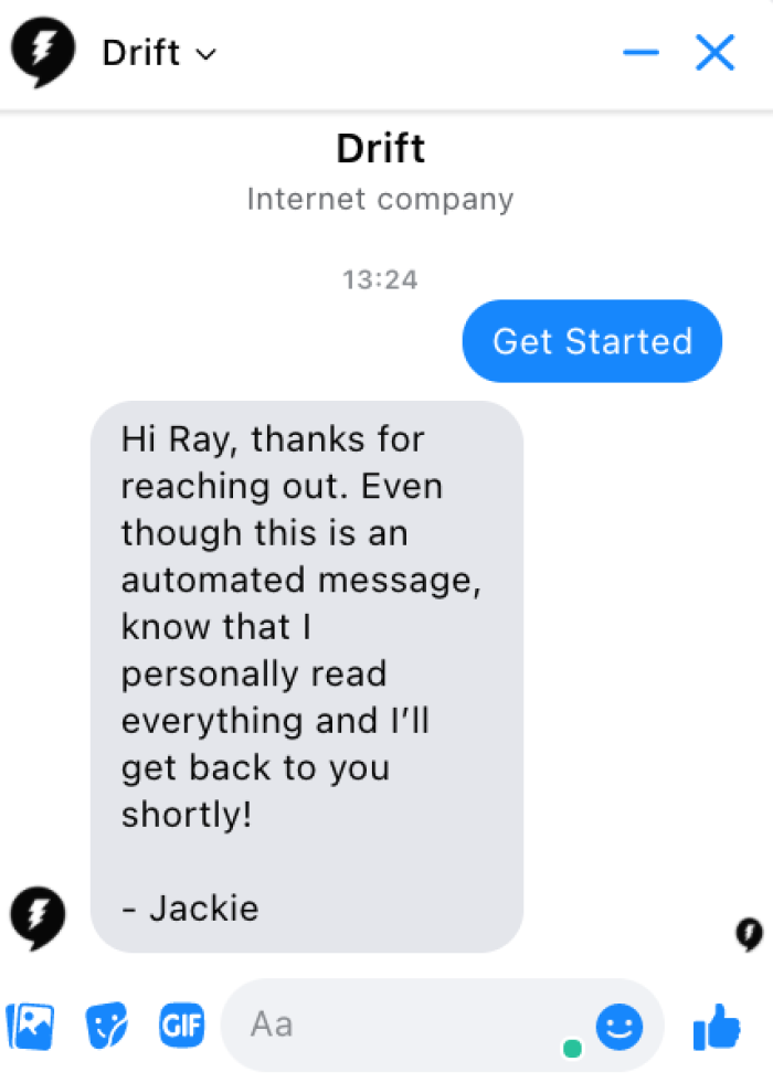 A Drift chat messenger showing an automated welcome reply from a team member.