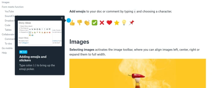 Dropbox Paper showing an in-app tooltip explaining how to add emojis by typing a colon, with a row of emoji characters displayed above the document.
