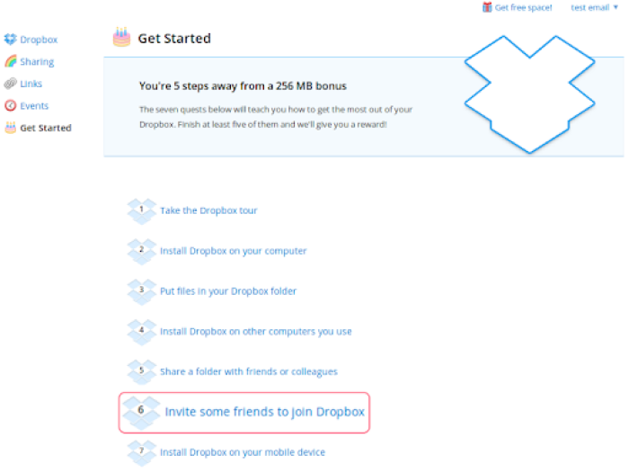 Dropbox's 'Get Started' onboarding checklist offering a 256 MB bonus for finishing at least five of seven setup steps, with 'Invite some friends to join Dropbox' highlighted as the referral step.
