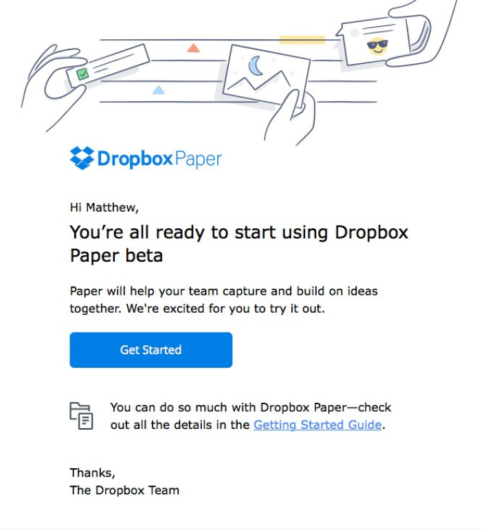 A Dropbox product launch email announcing the Paper beta, with a 'Get Started' CTA and a link to the Getting Started Guide.