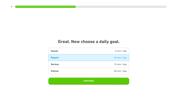 A step in Duolingo's onboarding process presenting a choice of daily goals to personalize the language learning experience