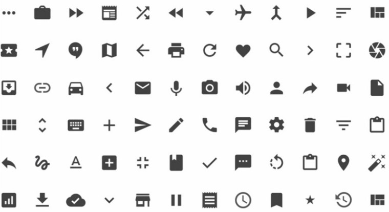 A large grid of dark gray material design icons spanning navigation, communication, and action categories
