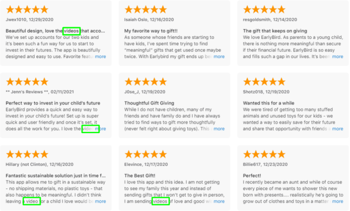 A grid of nine 5-star EarlyBird app reviews with mentions of the video feature highlighted in green.