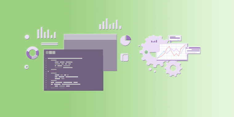An illustration of a code editor surrounded by data charts on the left, and gears overlaid with a line graph on the right.