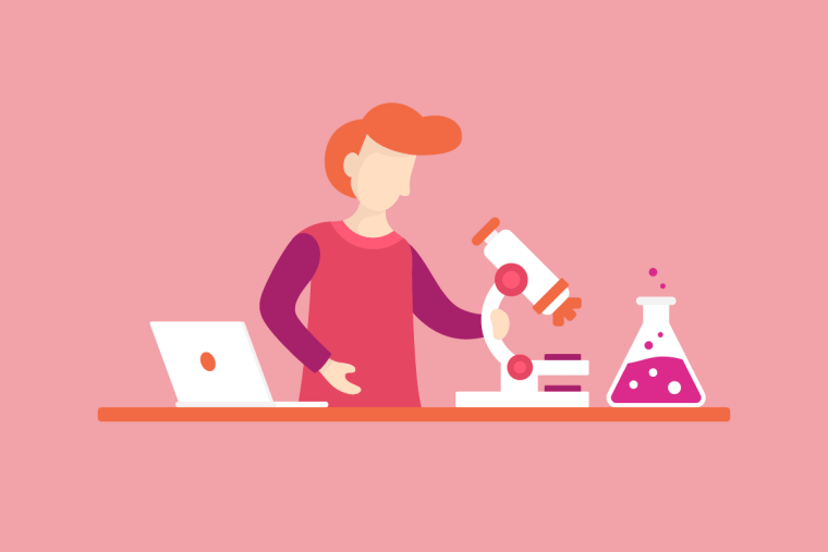 An illustration of a person using a microscope alongside a laptop and chemistry flask
