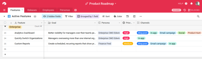 Example of targeting channels for feature announcements using Airtable