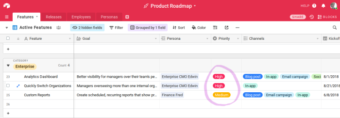 Example of feature announcement prioritization using Airtable