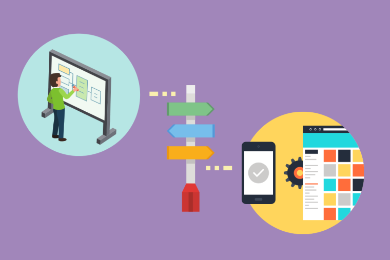 An illustration of a person at a whiteboard on the left, a multi-directional signpost in the center, and a phone with a gear and a colorful grid interface on the right.
