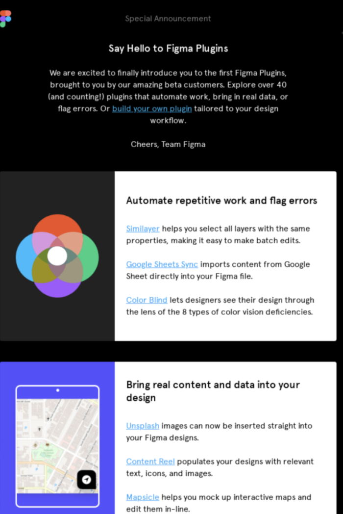 A Figma product announcement email introducing Figma Plugins, organized into sections grouping plugins by use case.