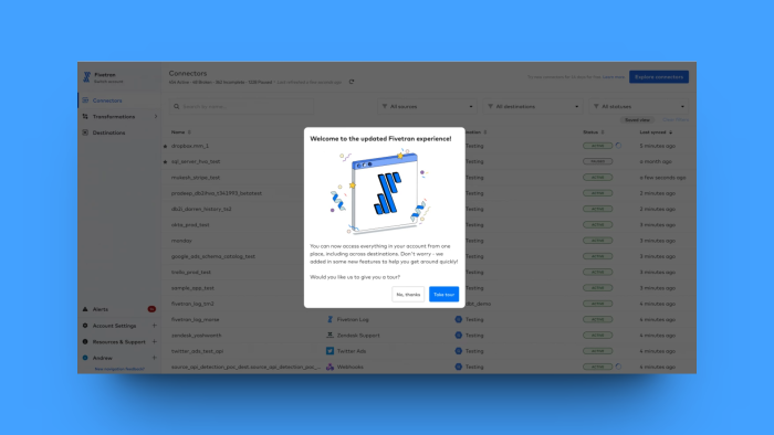 A modal from Fivetran announcing new features with an option for users to take a guided tour or opt-out