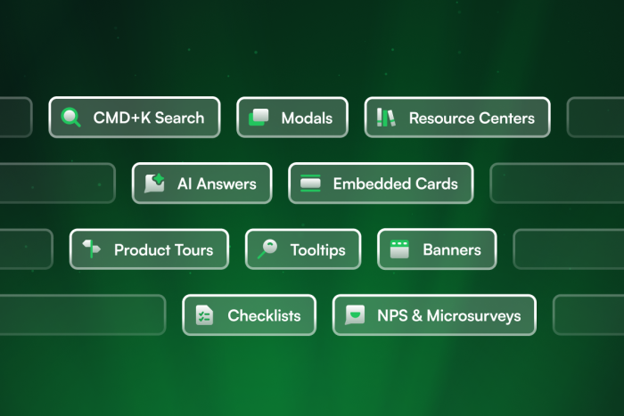 A grid of ten labeled Chameleon UX pattern tiles: CMD+K Search, Modals, Resource Centers, AI Answers, Embedded Cards, Product Tours, Tooltips, Banners, Checklists, and NPS & Microsurveys.