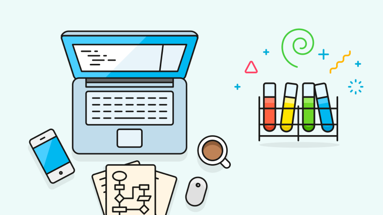 An illustrated workspace with a laptop, smartphone, flowchart documents, and a coffee cup alongside a rack of colorful test tubes and geometric shapes.