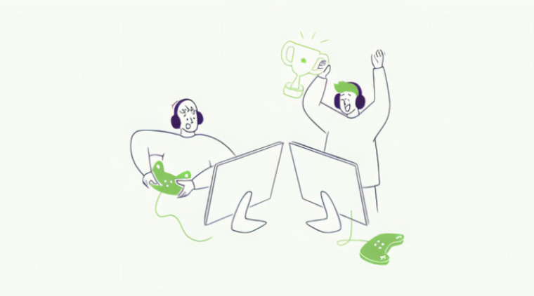 An illustration of two people at computers wearing headphones and holding game controllers, with one raising a glowing trophy.