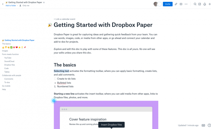 Dropbox Paper getting started page