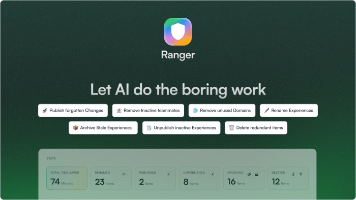 Chameleon's Ranger governance agent interface, showing a menu of automated governance actions and a stats summary of time saved and items processed