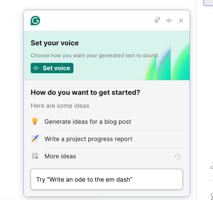 A screenshot of Grammarly's AI assistant tool tip
