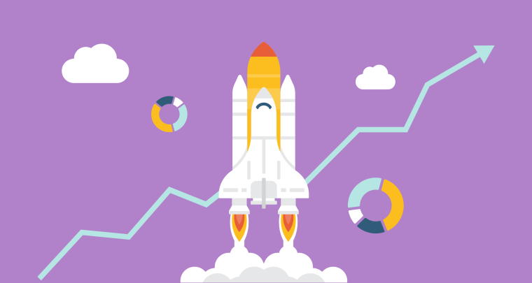 An illustrated rocket launching upward, flanked by donut charts and a rising arrow, against a purple background.