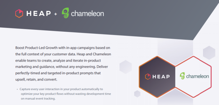 The Heap and Chameleon logos joined by a plus sign, with paired hexagonal brand icons for each.