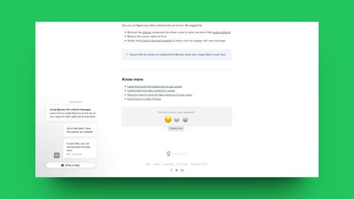 A Chameleon help article page with a chat support window open after a user indicated the article didn't answer their question.