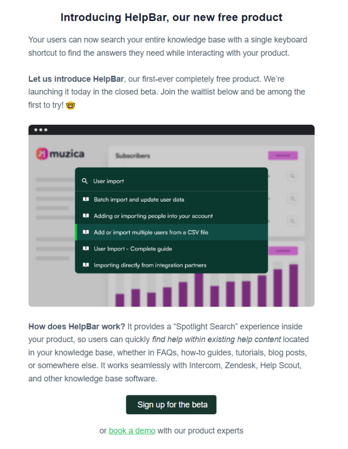 A Chameleon product announcement email introducing HelpBar, featuring a screenshot of HelpBar's command-palette search overlay with highlighted results inside a demo product.