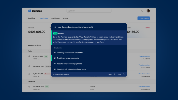 A Chameleon HelpBar on a fictional fintech dashboard, showing an AI-generated answer to a user's question above a list of related Help Center articles.