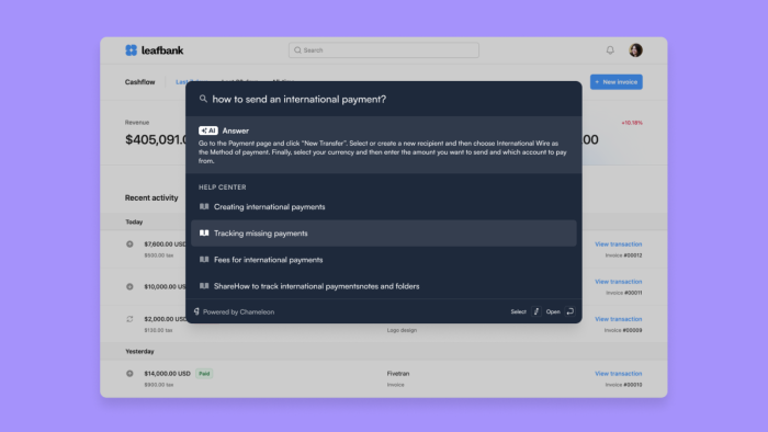 A Chameleon HelpBar over a fictional financial product, showing an AI-generated answer and help center article results for a typed search query.